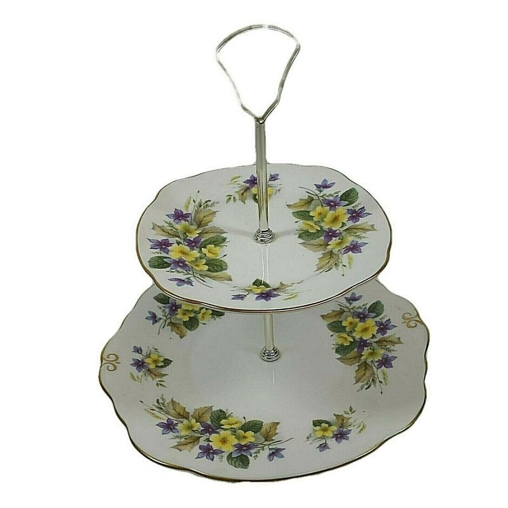 Duchess 2 Tier Serving Tray Purple & Yellow Flowers Scalloped w/ Gold Trim China